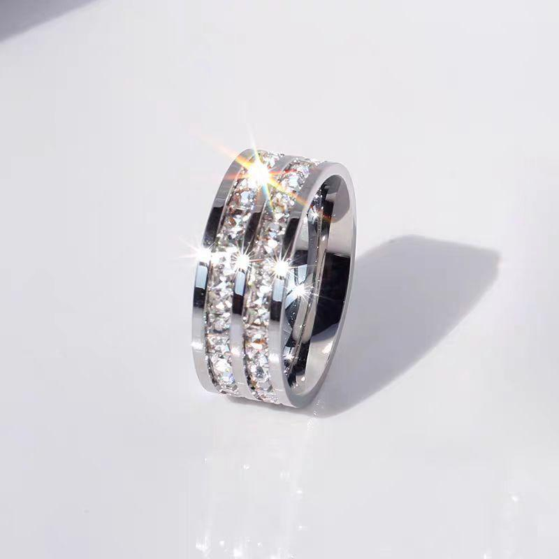 Luxury Double Row Square CZ Stones 18K Gold Plated Stainless Steel Ring for Women