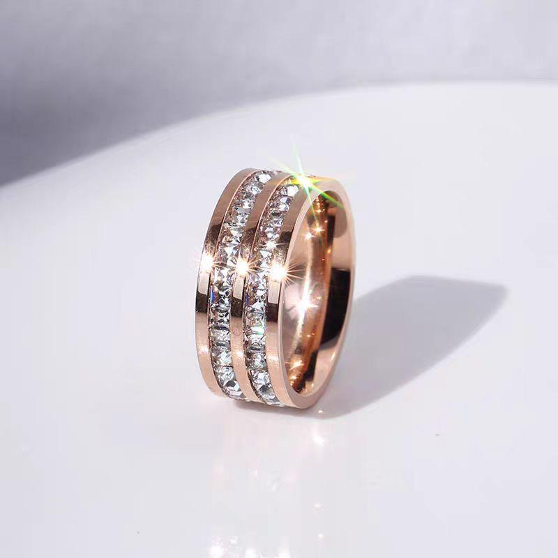 Luxury Double Row Square CZ Stones 18K Gold Plated Stainless Steel Ring for Women