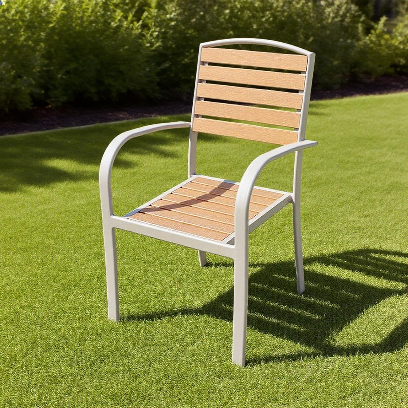 Outdoor Aluminum Frame Garden Chair with Imitation Wood Slats, Stackable Patio Armchair