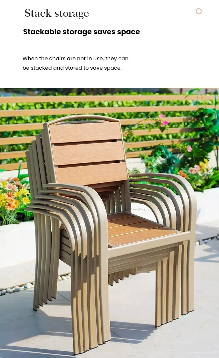 Outdoor Aluminum Frame Garden Chair with Imitation Wood Slats, Stackable Patio Armchair