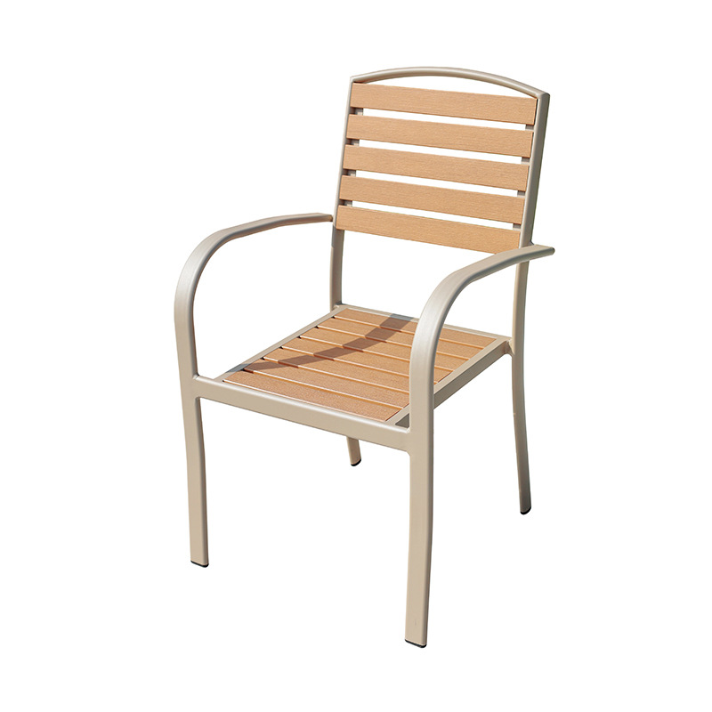 Outdoor Aluminum Frame Garden Chair with Imitation Wood Slats, Stackable Patio Armchair