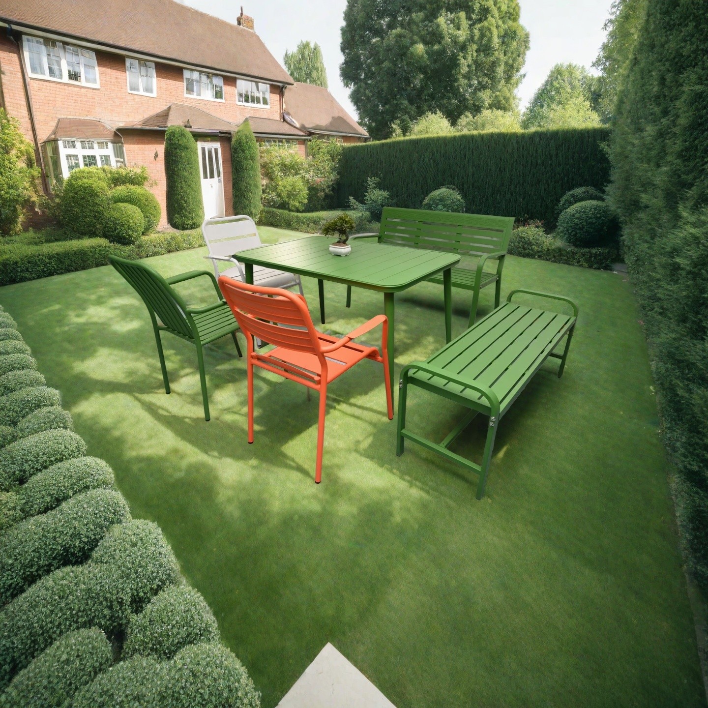Aluminum Outdoor Dining Set | Stylish Garden Furniture with Green and Orange Chairs