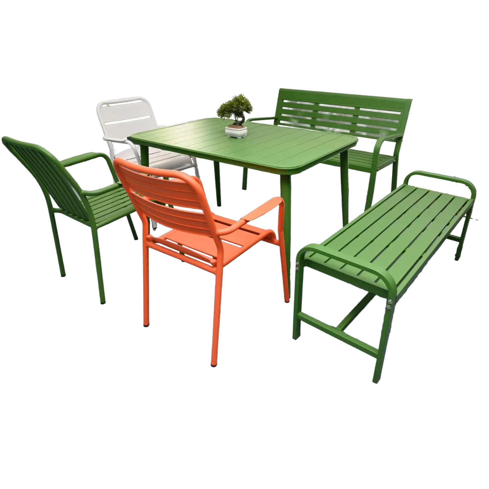 Aluminum Outdoor Dining Set | Stylish Garden Furniture with Green and Orange Chairs
