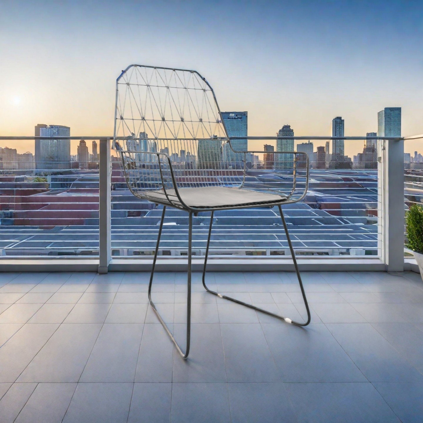 Aluminum Patio Chair with Geometric Wire Backrest and Cushion – Modern Outdoor Seating