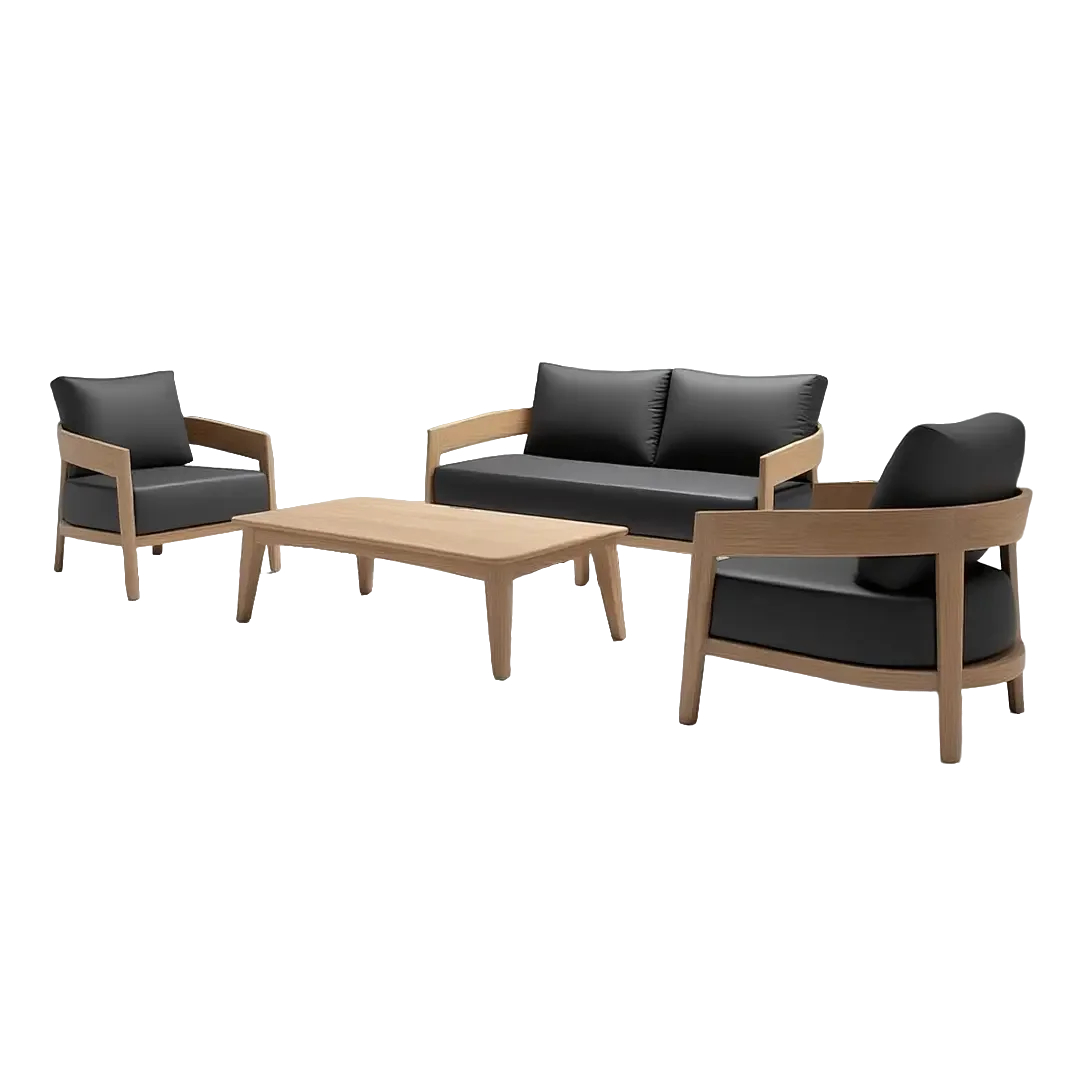 Contemporary Teak Wood Outdoor Sofa Set with Black Cushions – 4-Piece Patio Lounge Furniture Set