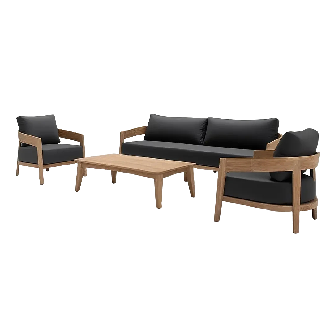 Contemporary Teak Wood Outdoor Sofa Set with Black Cushions – 4-Piece Patio Lounge Furniture Set
