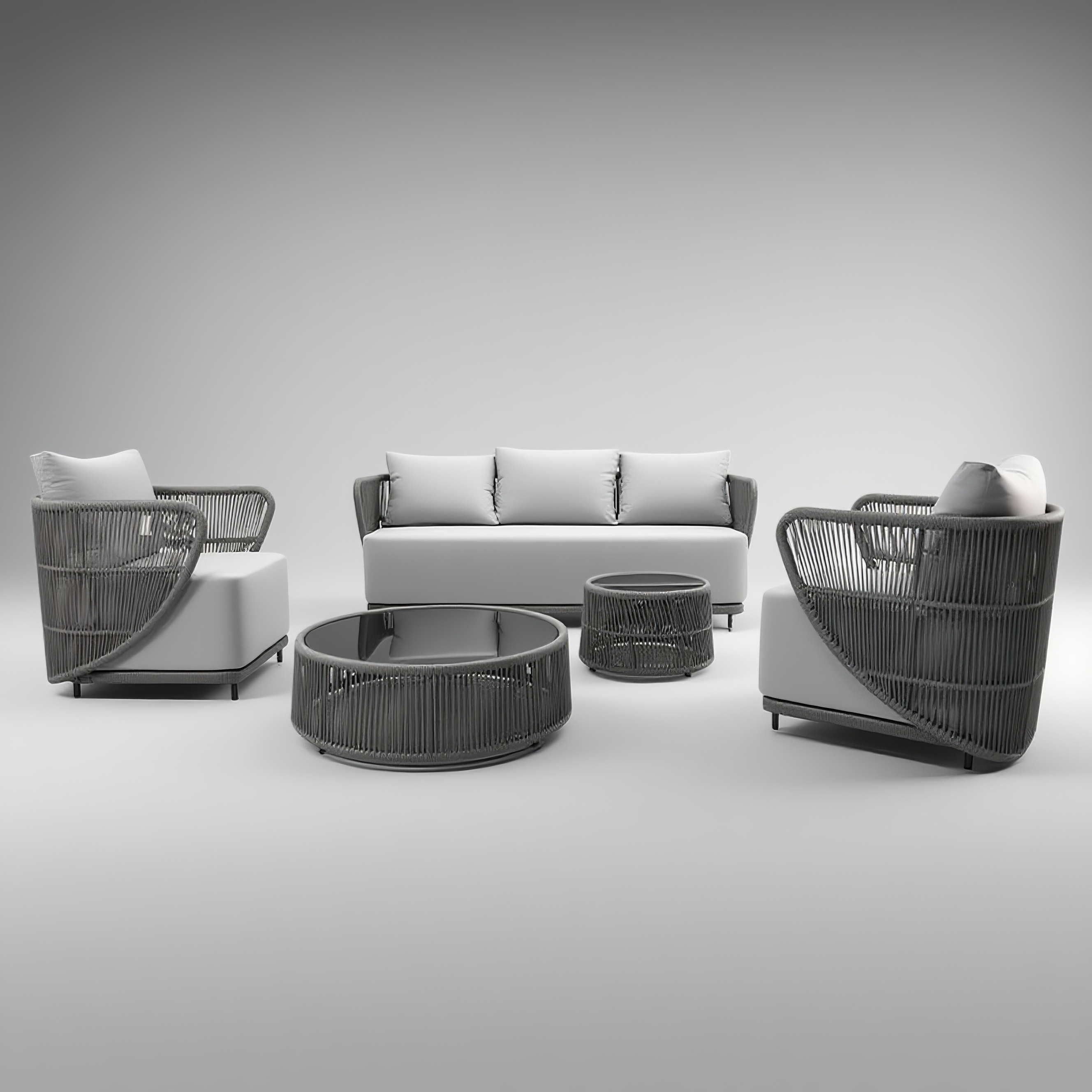 Customizable PE Rattan Outdoor Sofa Set, Modern and Modular, Includes Chairs, Sofa, and Coffee Tables