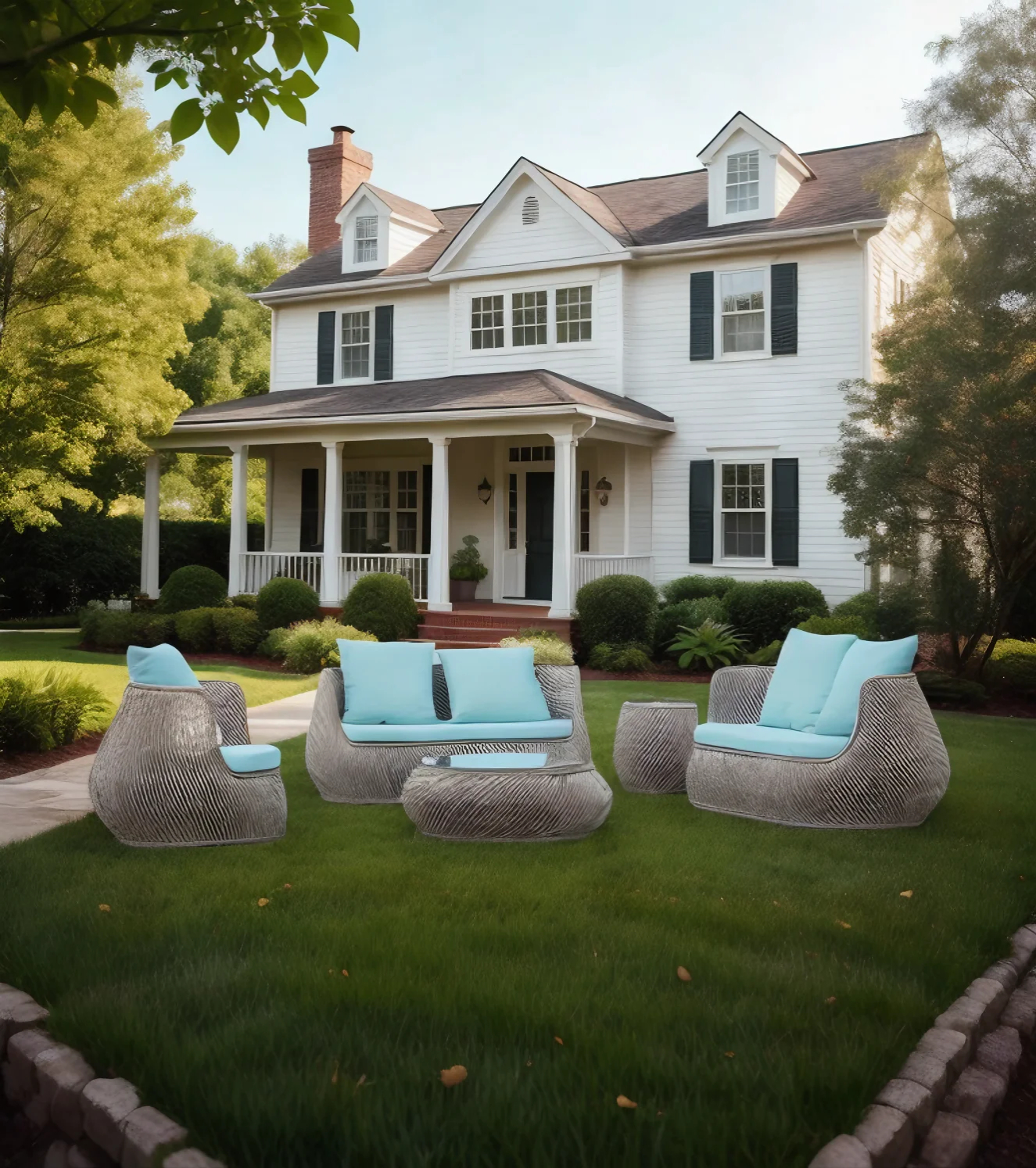 Modern Outdoor 1+1+1 Sofa Set with Coffee Table – Comfortable Rattan Furniture with Blue Cushions