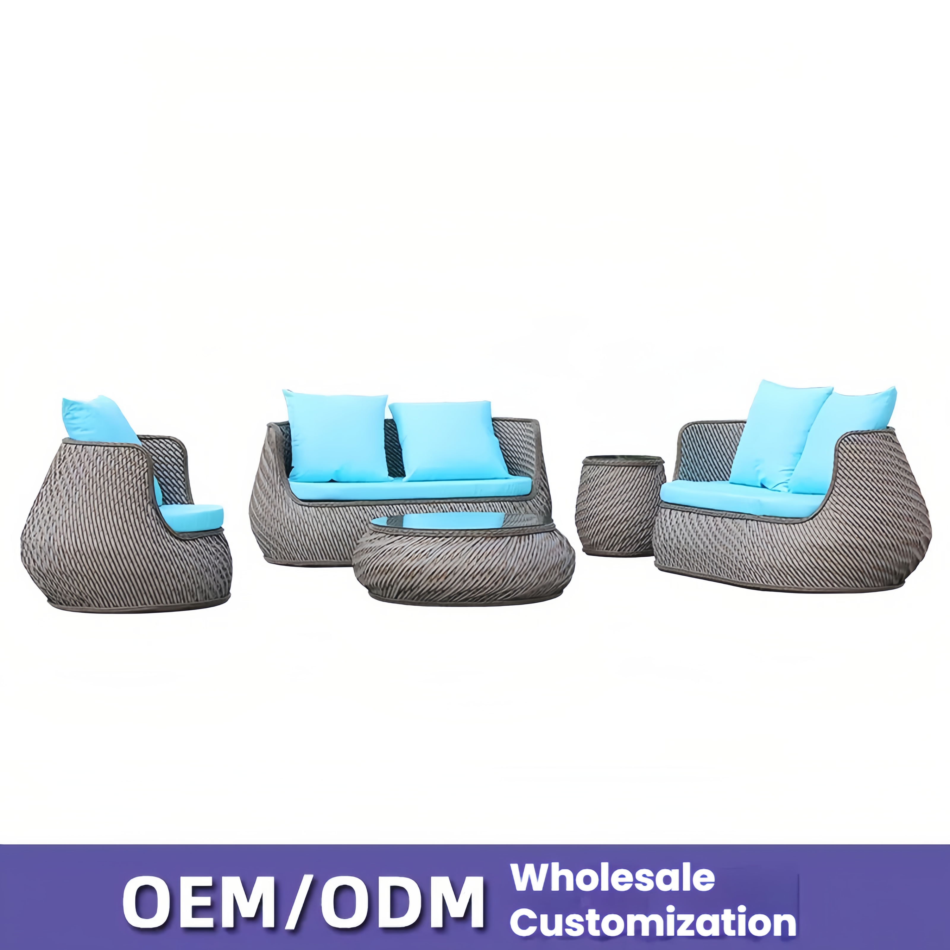 Modern Outdoor 1+1+1 Sofa Set with Coffee Table – Comfortable Rattan Furniture with Blue Cushions