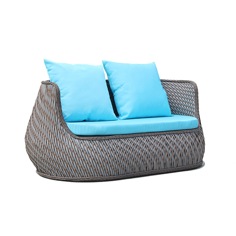 Modern Outdoor 1+1+1 Sofa Set with Coffee Table – Comfortable Rattan Furniture with Blue Cushions