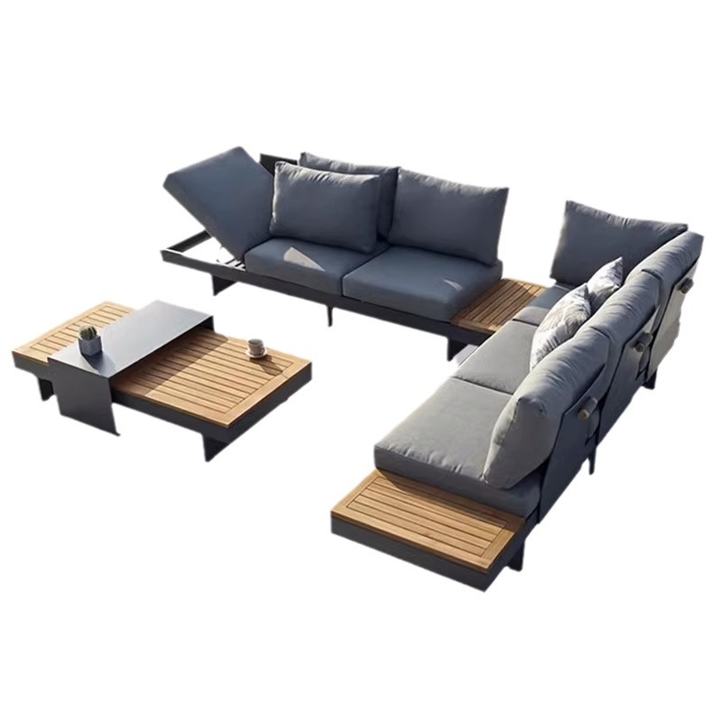 Modern Outdoor Sofa Set with Wood Grain Coffee Table - Adjustable Backrest, Ideal for Patio and Balcony Use