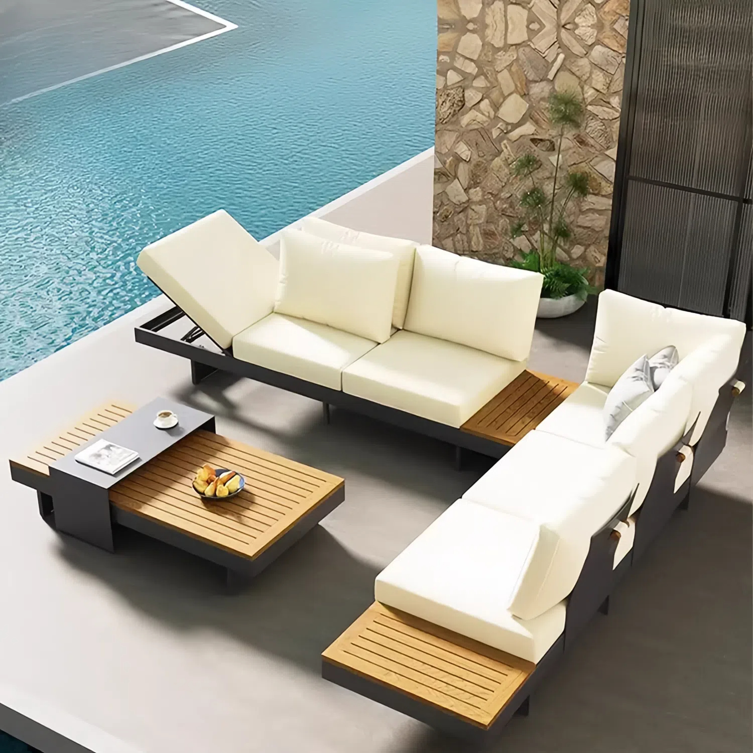 Modern Outdoor Sofa Set with Wood Grain Coffee Table - Adjustable Backrest, Ideal for Patio and Balcony Use