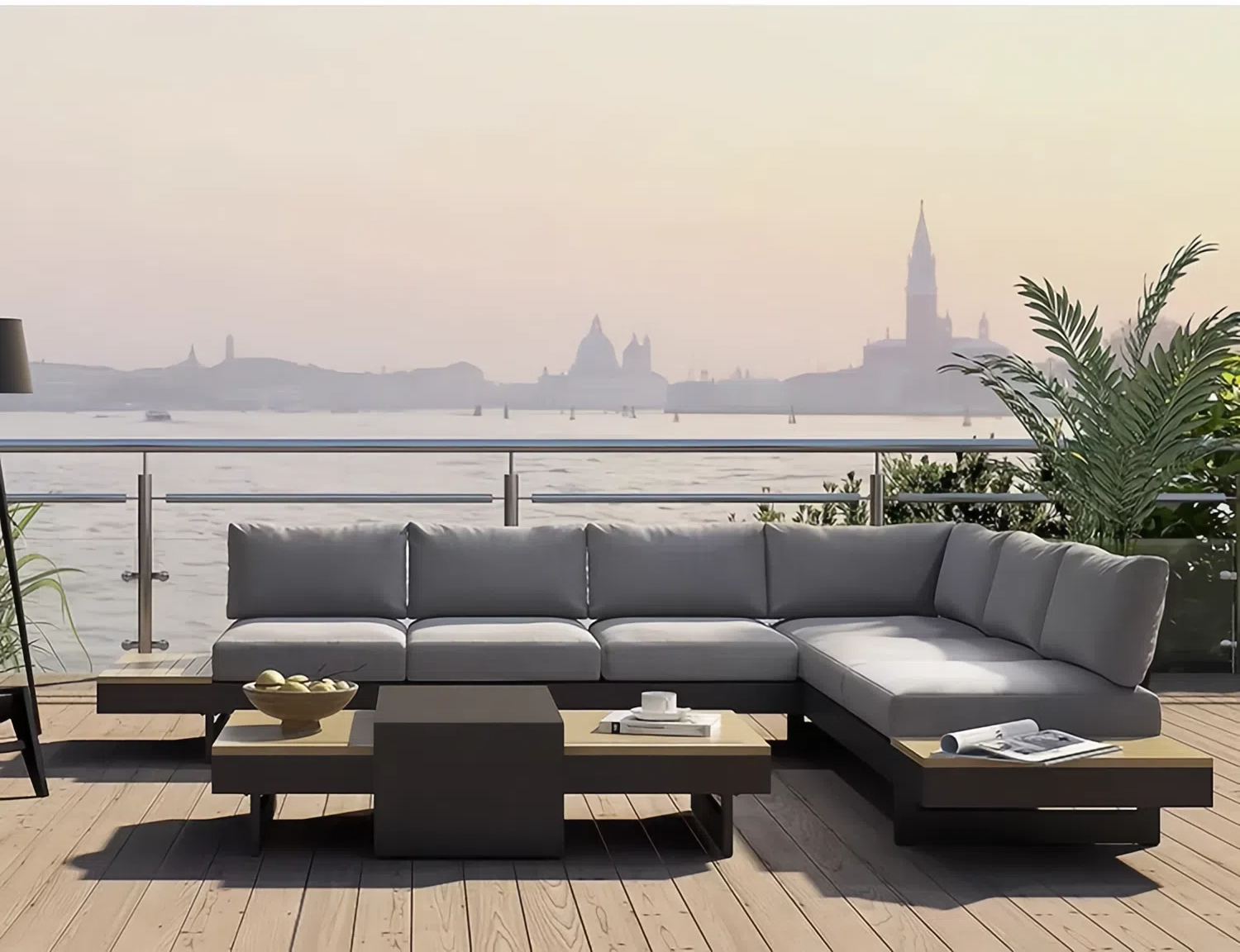 Modern Outdoor Sofa Set with Wood Grain Coffee Table - Adjustable Backrest, Ideal for Patio and Balcony Use