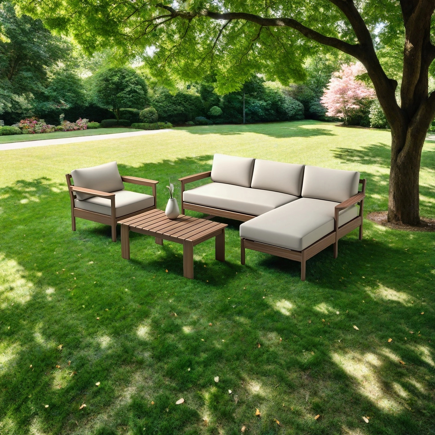 Modern Outdoor Solid Wood Patio Sofa Set with Coffee Table – 4-Piece Furniture Set with Cushions
