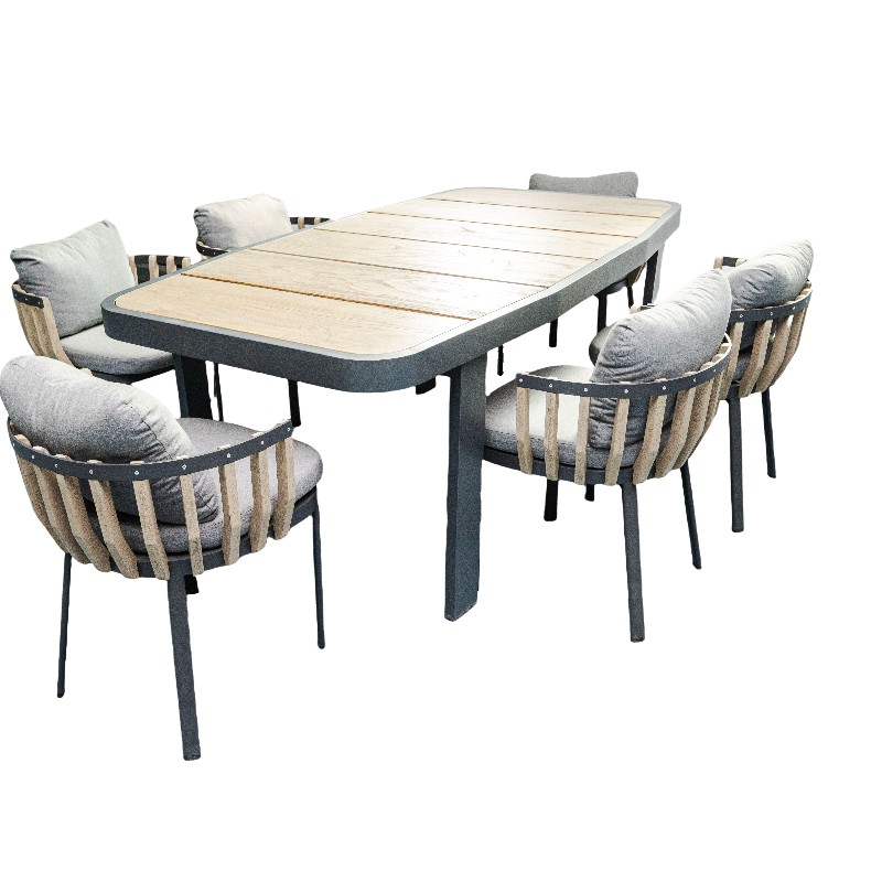 Outdoor Dining Set for 6 | Modern Patio Furniture with Cushioned Chairs and Wooden Table