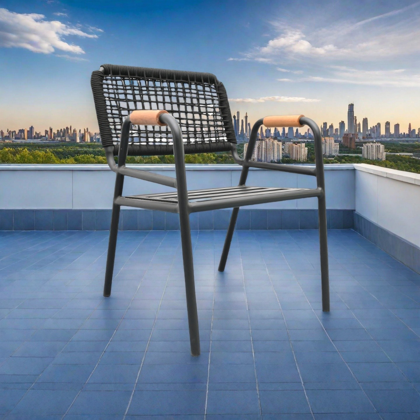Outdoor Patio Chair with Black Rattan Backrest and Wooden Armrests