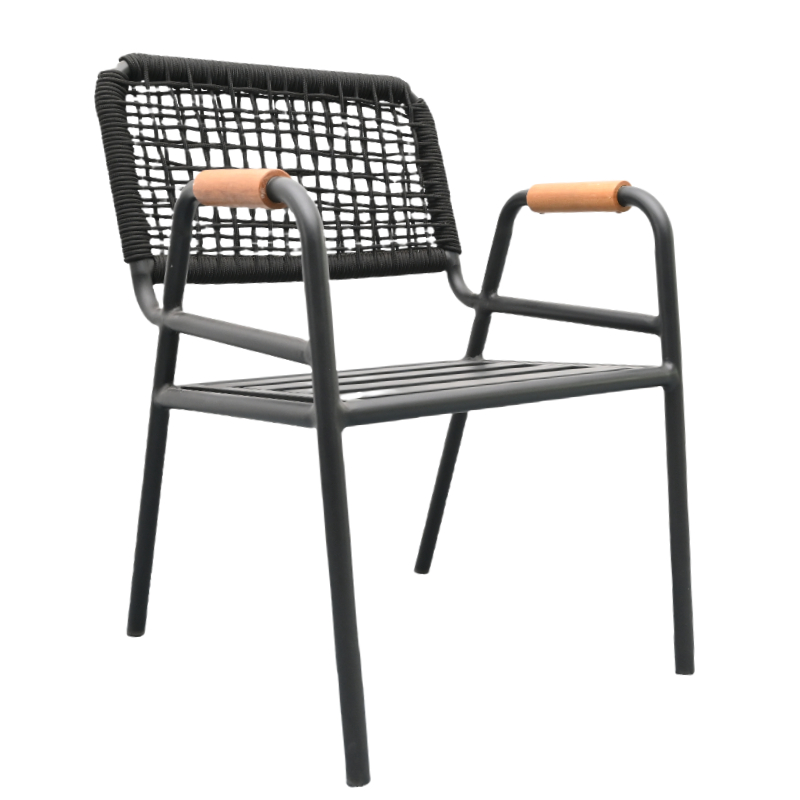 Outdoor Patio Chair with Black Rattan Backrest and Wooden Armrests