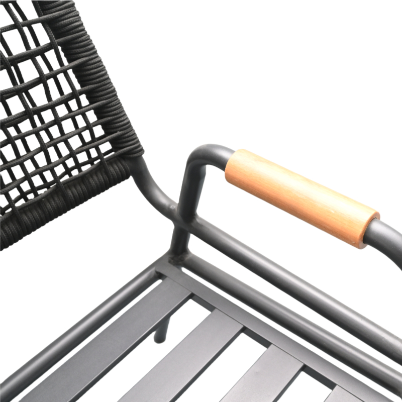 Outdoor Patio Chair with Black Rattan Backrest and Wooden Armrests