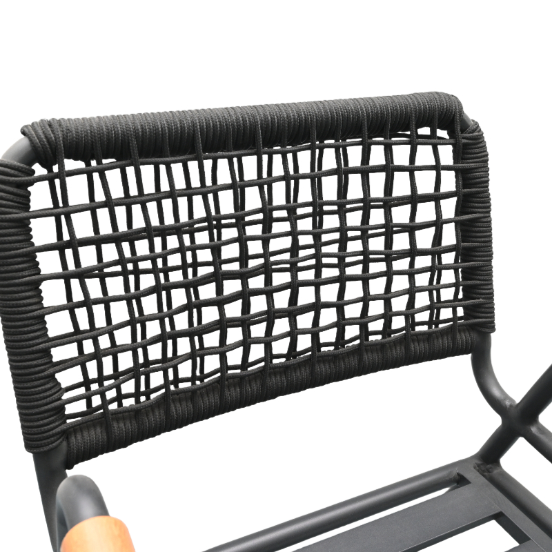 Outdoor Patio Chair with Black Rattan Backrest and Wooden Armrests