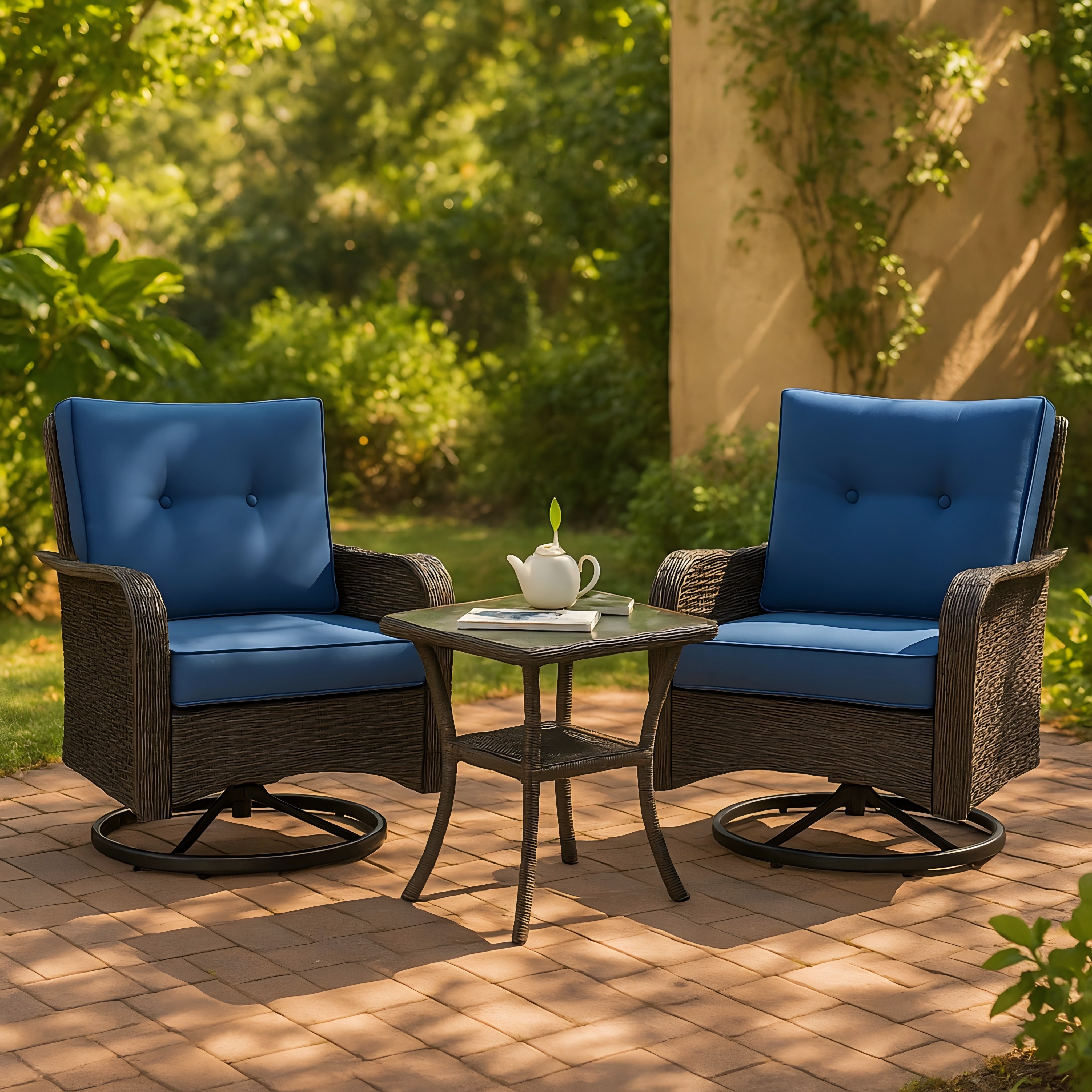 3-Piece Outdoor Swivel Wicker Patio Bistro Set with Blue Cushions and Glass Side Table