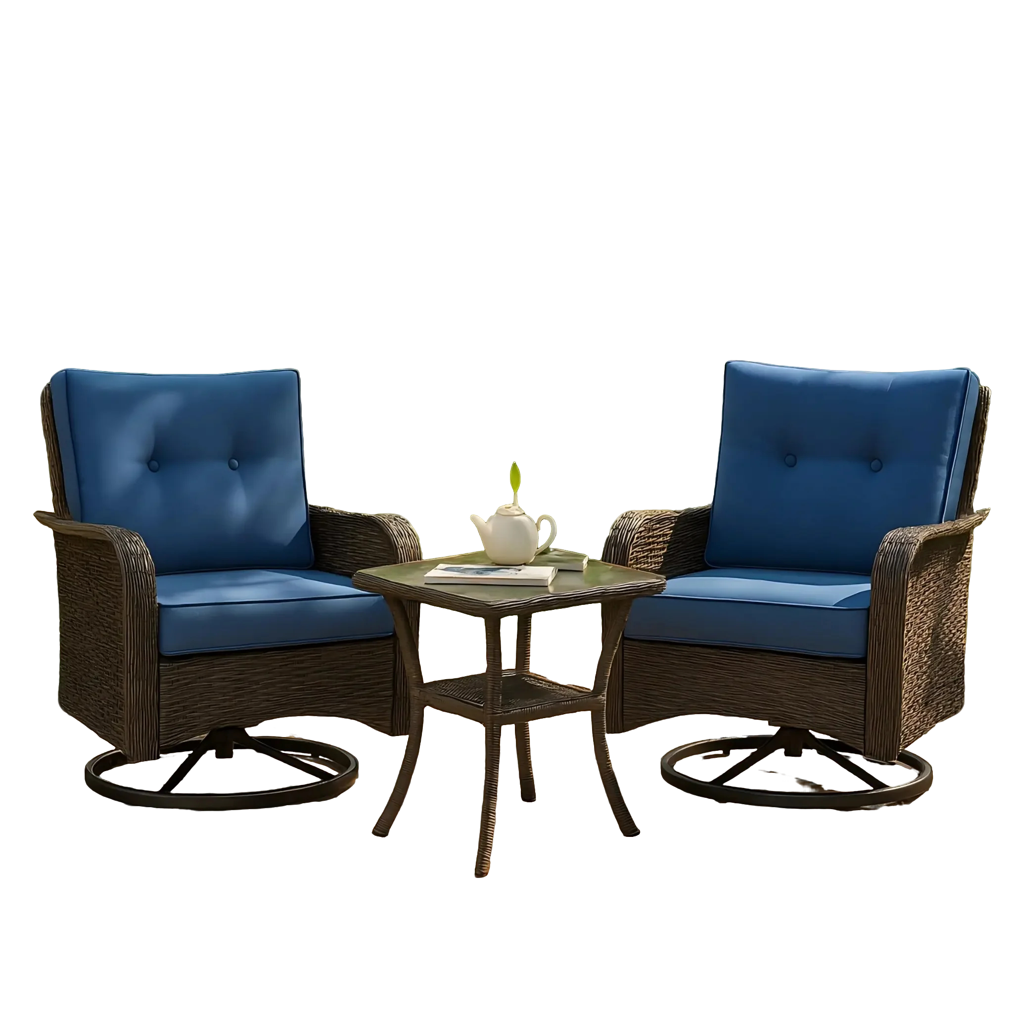 3-Piece Outdoor Swivel Wicker Patio Bistro Set with Blue Cushions and Glass Side Table