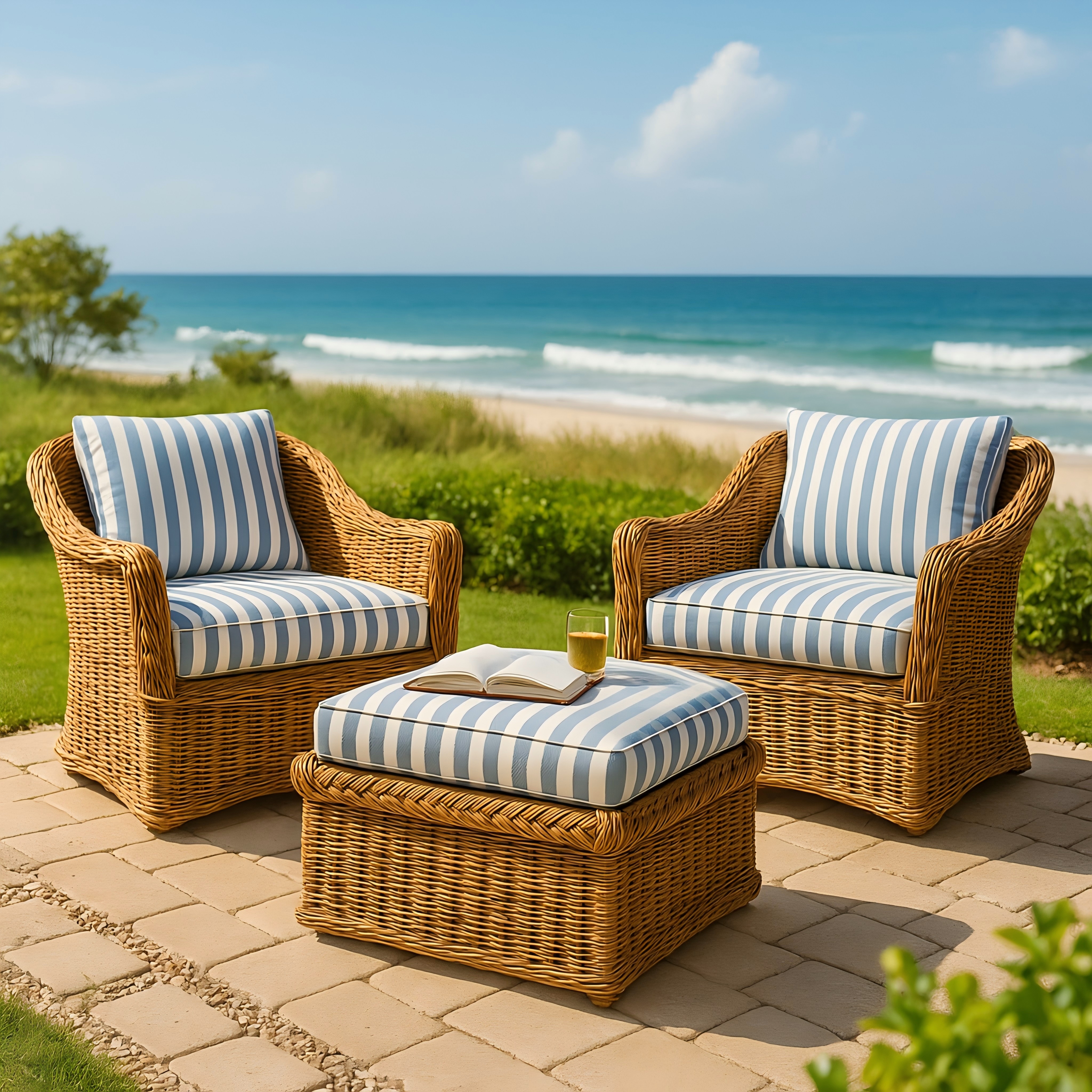 3-Piece Coastal Rattan Lounge Set with Blue Striped Cushions – Armchairs & Ottoman for Patio or Beachside