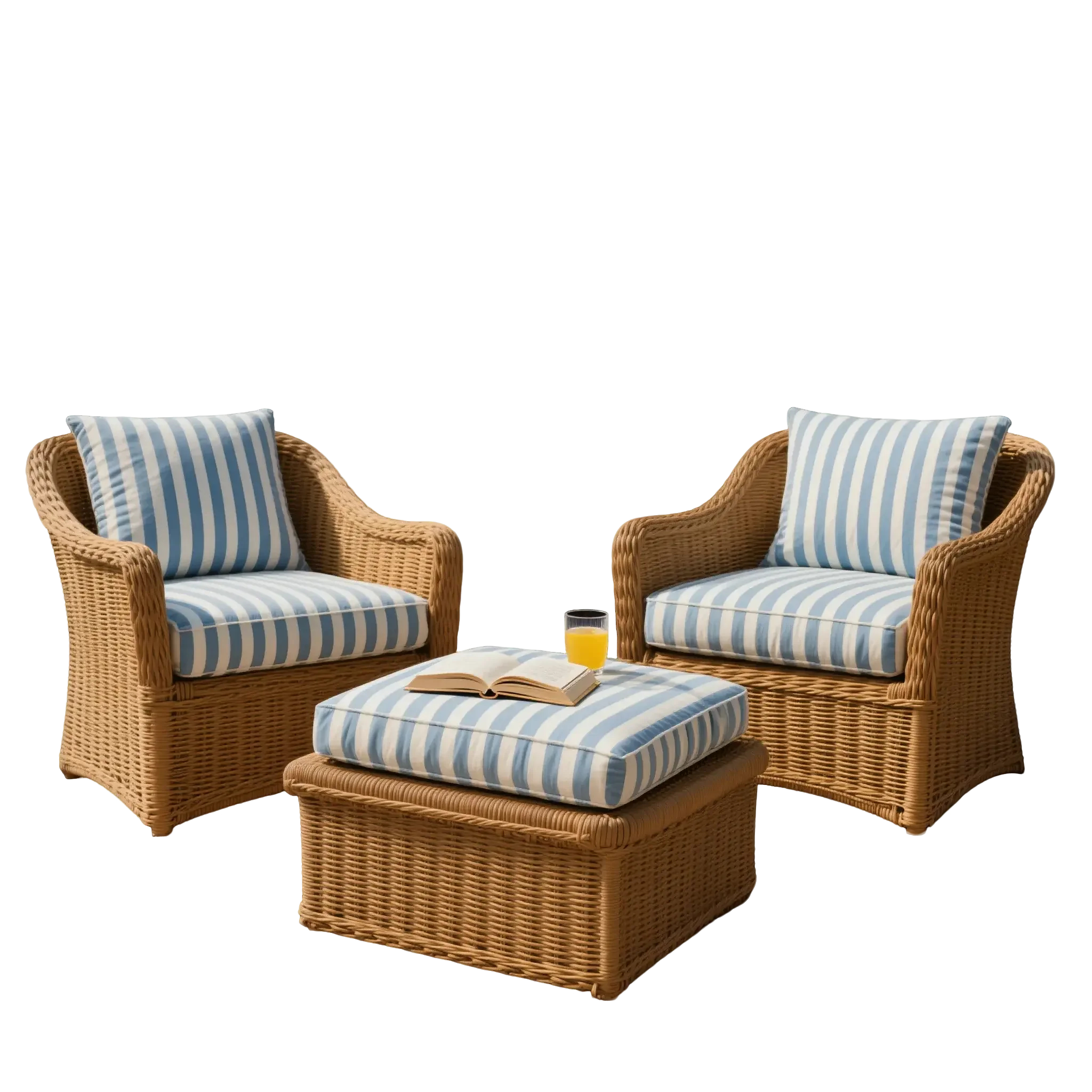 3-Piece Coastal Rattan Lounge Set with Blue Striped Cushions – Armchairs & Ottoman for Patio or Beachside