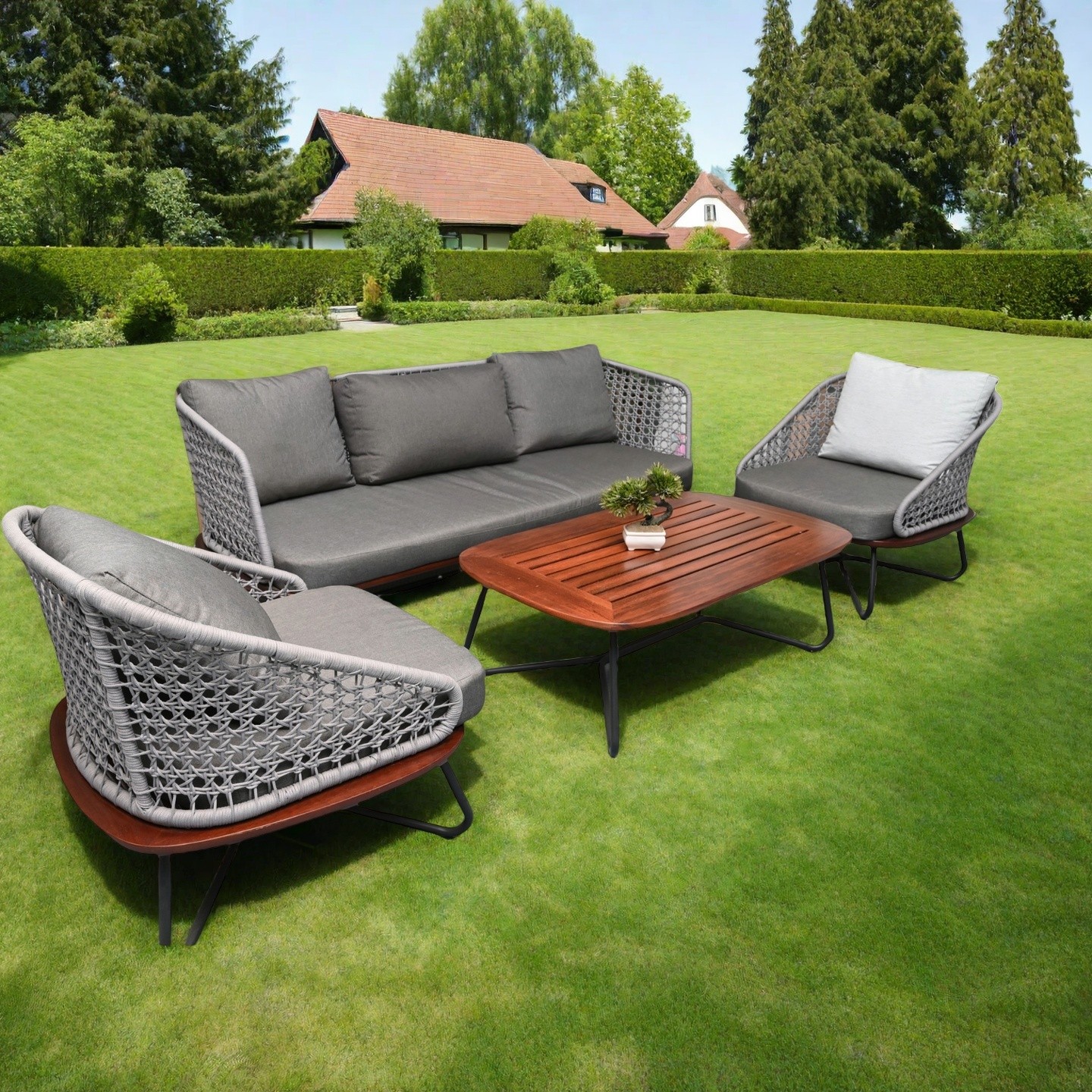 Outdoor Rope Woven Sofa Set with Wooden Coffee Table – 3-Seater Sofa + 2 Armchairs