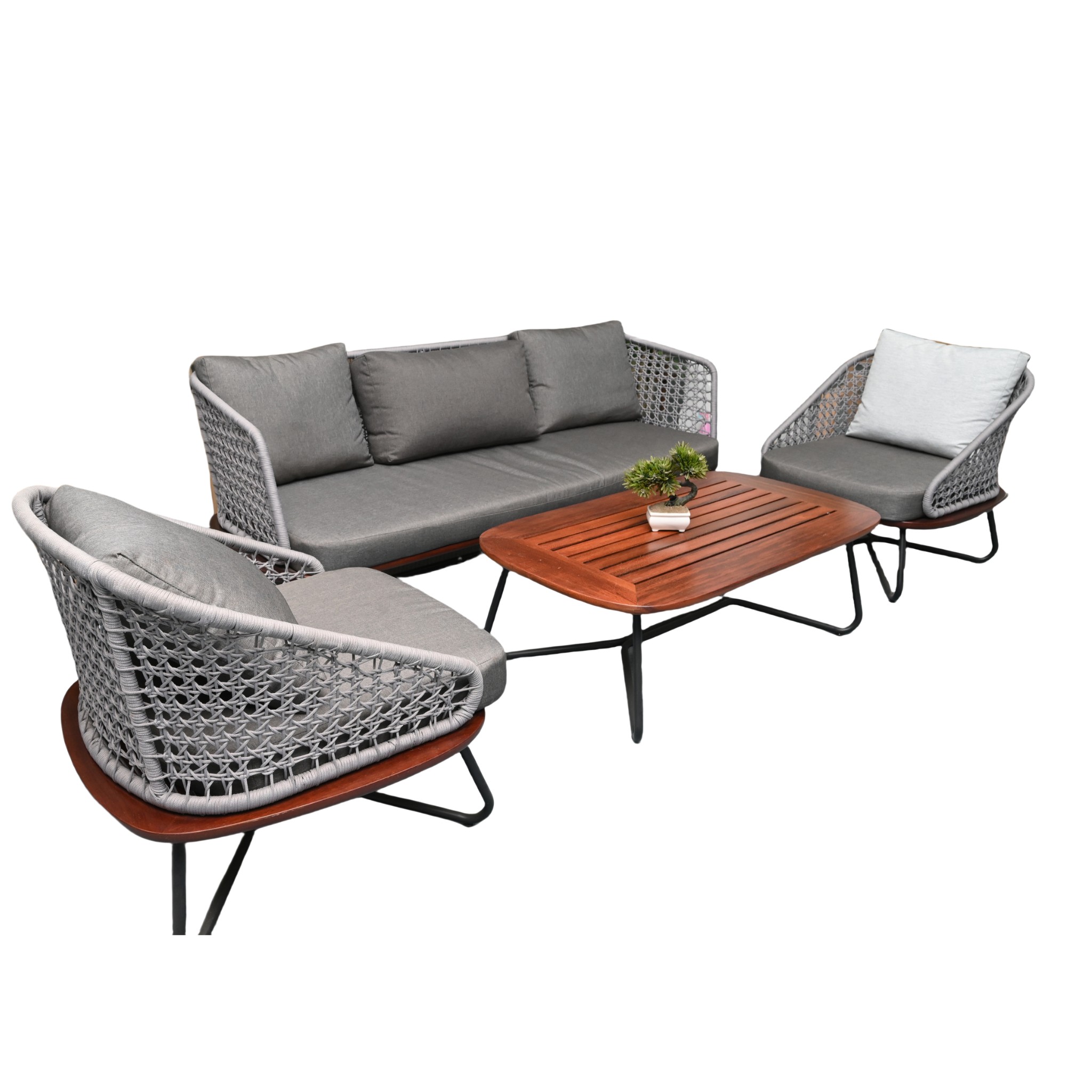 Outdoor Rope Woven Sofa Set with Wooden Coffee Table – 3-Seater Sofa + 2 Armchairs