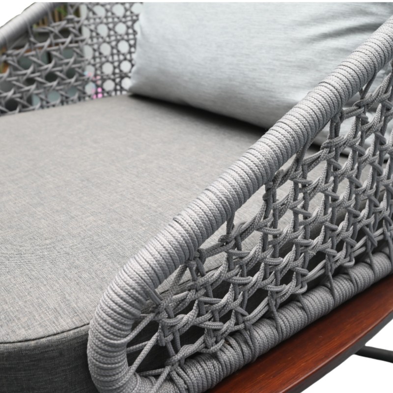 Outdoor Rope Woven Sofa Set with Wooden Coffee Table – 3-Seater Sofa + 2 Armchairs