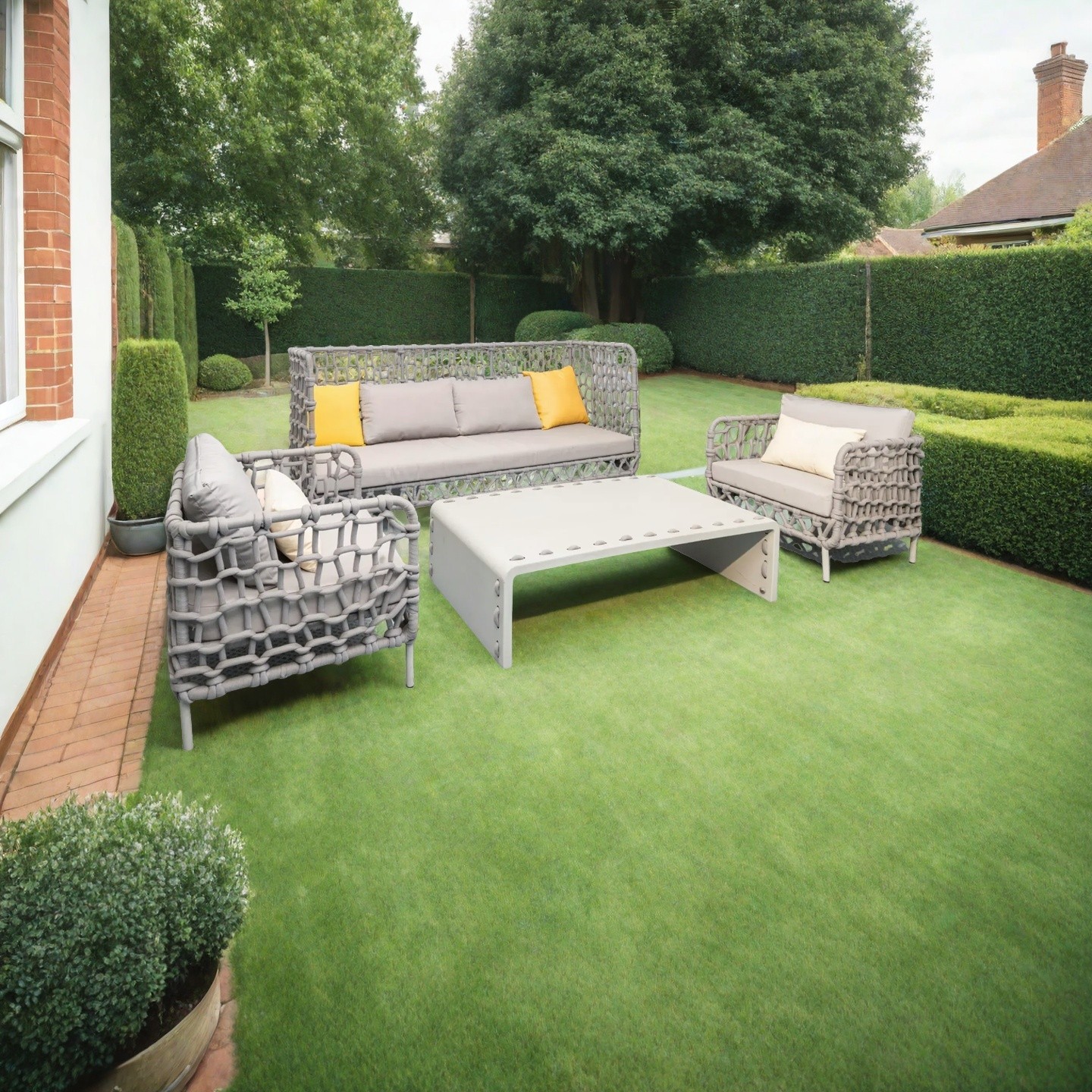 Outdoor Sofa Set with Rope Weave and Aluminum Frame | Stylish Patio Furniture with Cushioned Seats