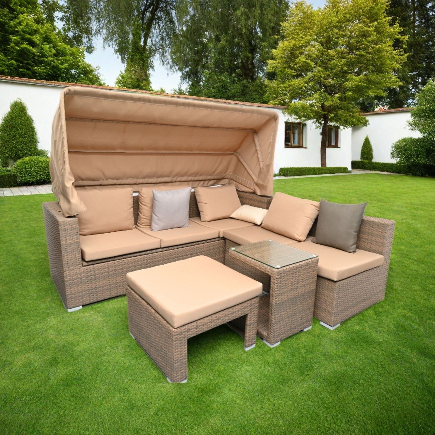 Outdoor Sofa Set with Sunshade Canopy and Cushions – Sectional Sofa + Glass Table