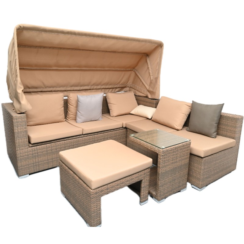 Outdoor Sofa Set with Sunshade Canopy and Cushions – Sectional Sofa + Glass Table