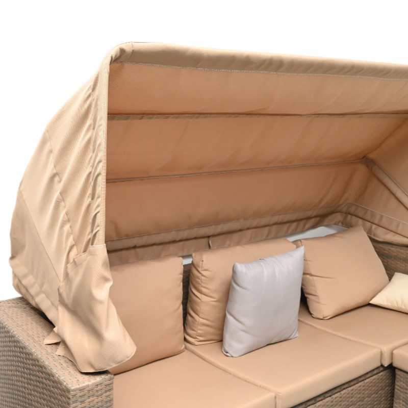 Outdoor Sofa Set with Sunshade Canopy and Cushions – Sectional Sofa + Glass Table