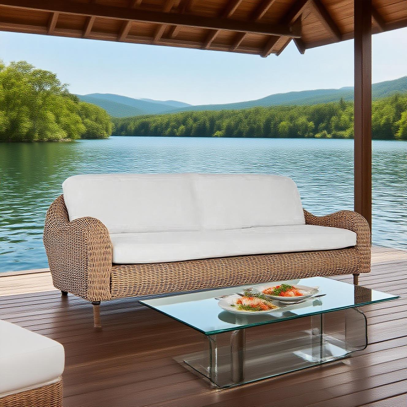 Outdoor Wicker Sofa - 3-Seater Rattan Sofa with Cushions