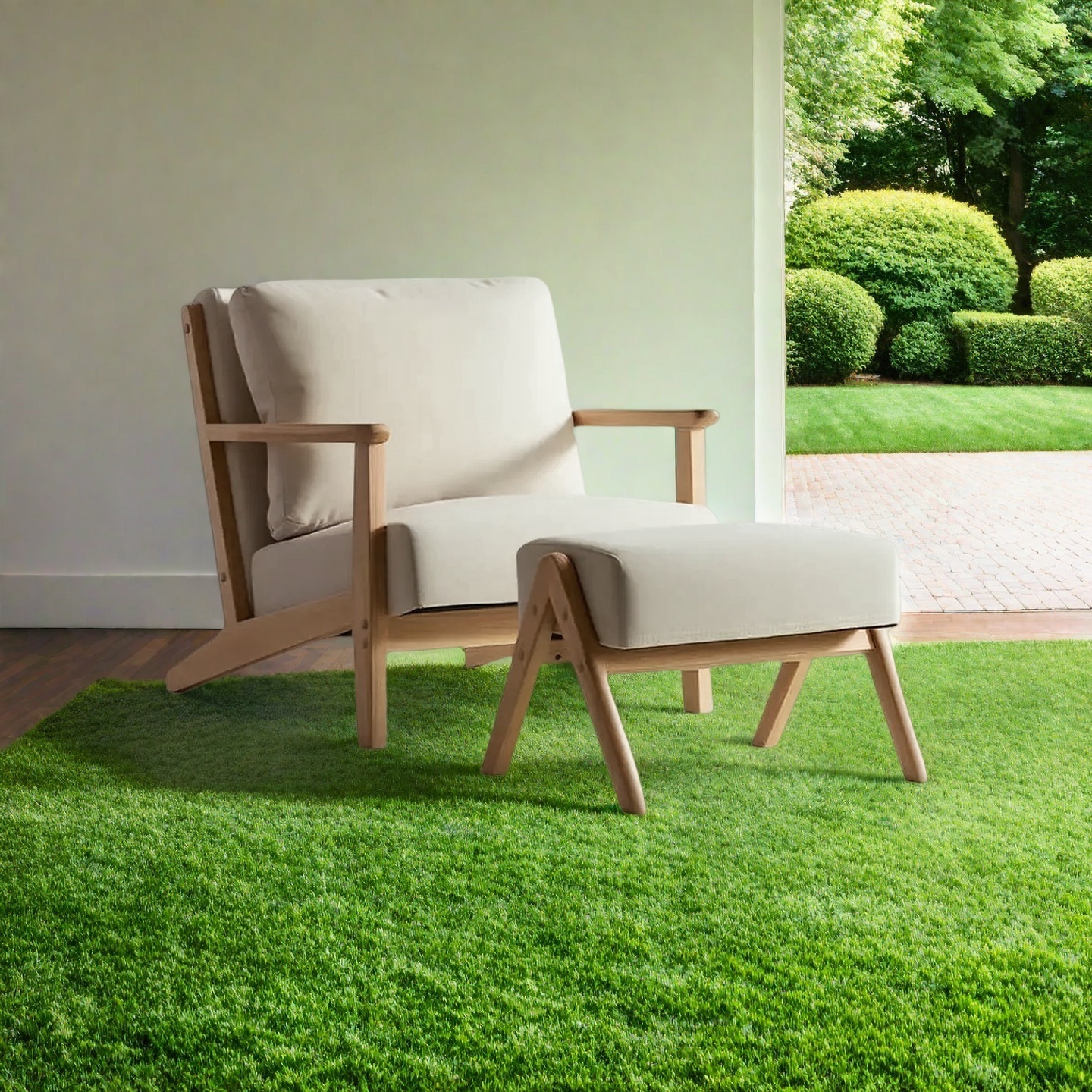 Scandinavian Outdoor Armchair Set with Ottoman – Solid Wood Patio Lounge Chairs (2-Piece or 3-Piece Set)