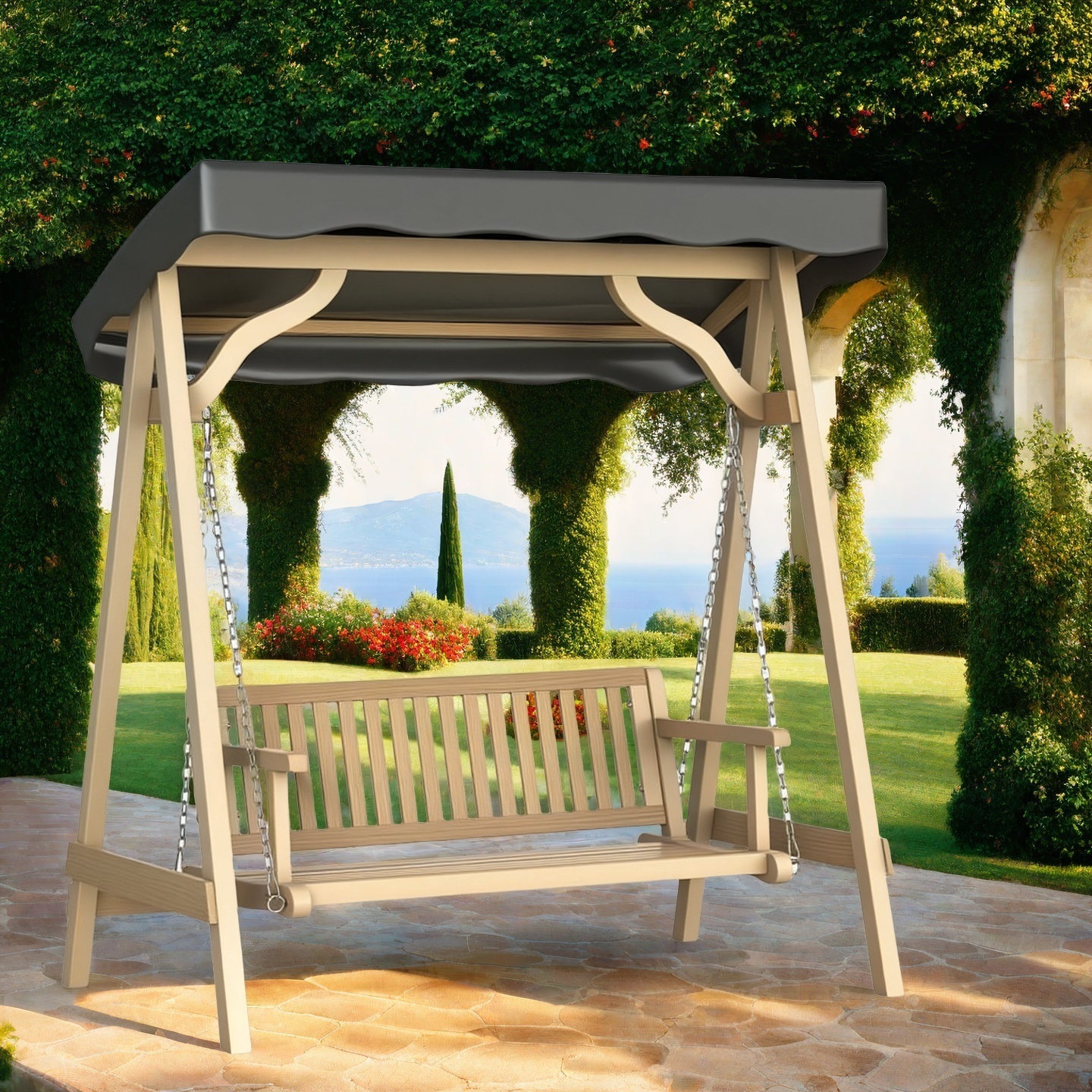 Sunshade Swing Chair with Aluminum Frame and Wooden Finish, Adjustable Canopy for Outdoor Comfort