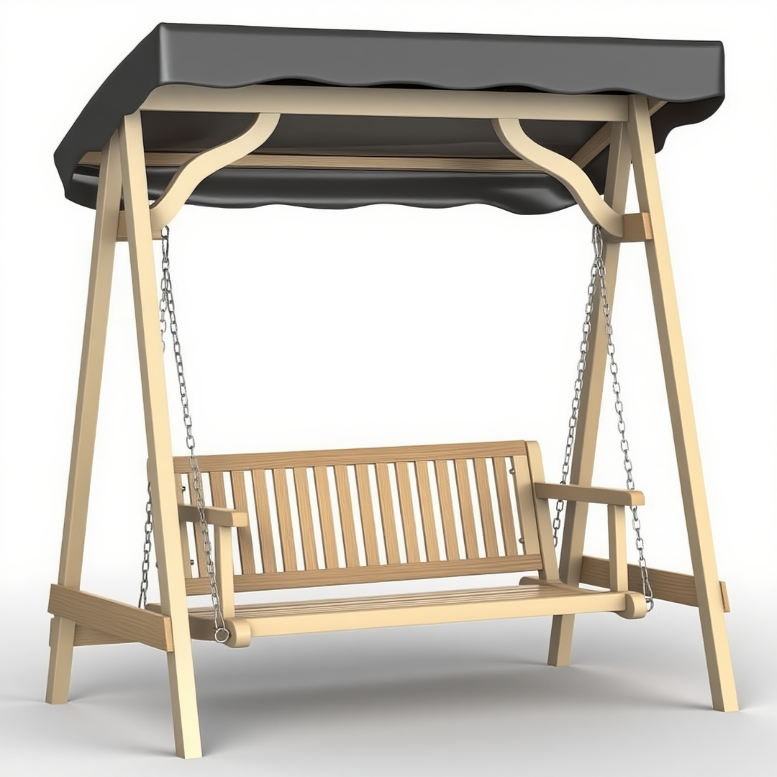 Sunshade Swing Chair with Aluminum Frame and Wooden Finish, Adjustable Canopy for Outdoor Comfort