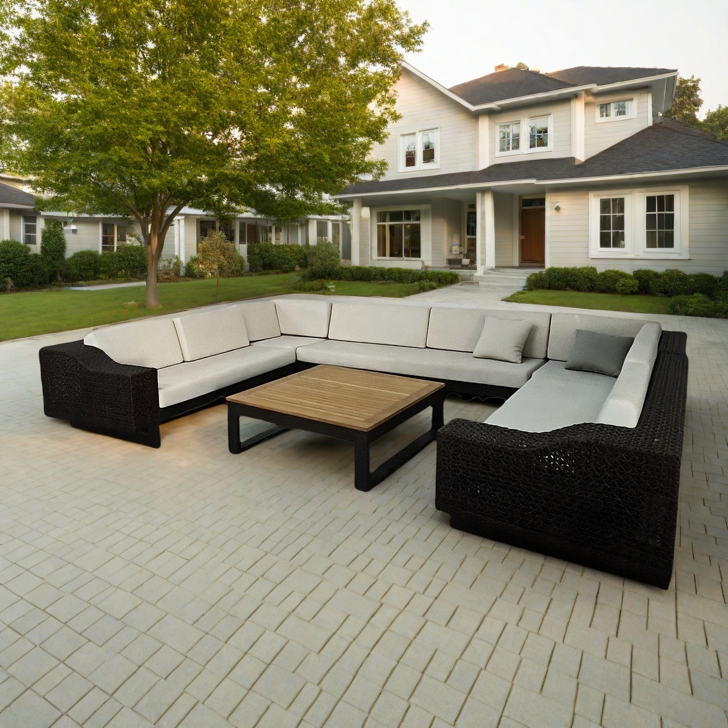 U-Shaped PE Rattan Sofa Set with Modular Design and Wooden Table