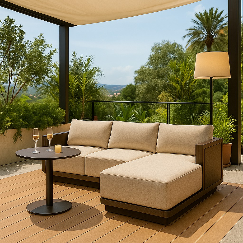 Modern Minimalist Outdoor Aluminum Sectional Sofa with Light Beige Cushions, L-Shaped