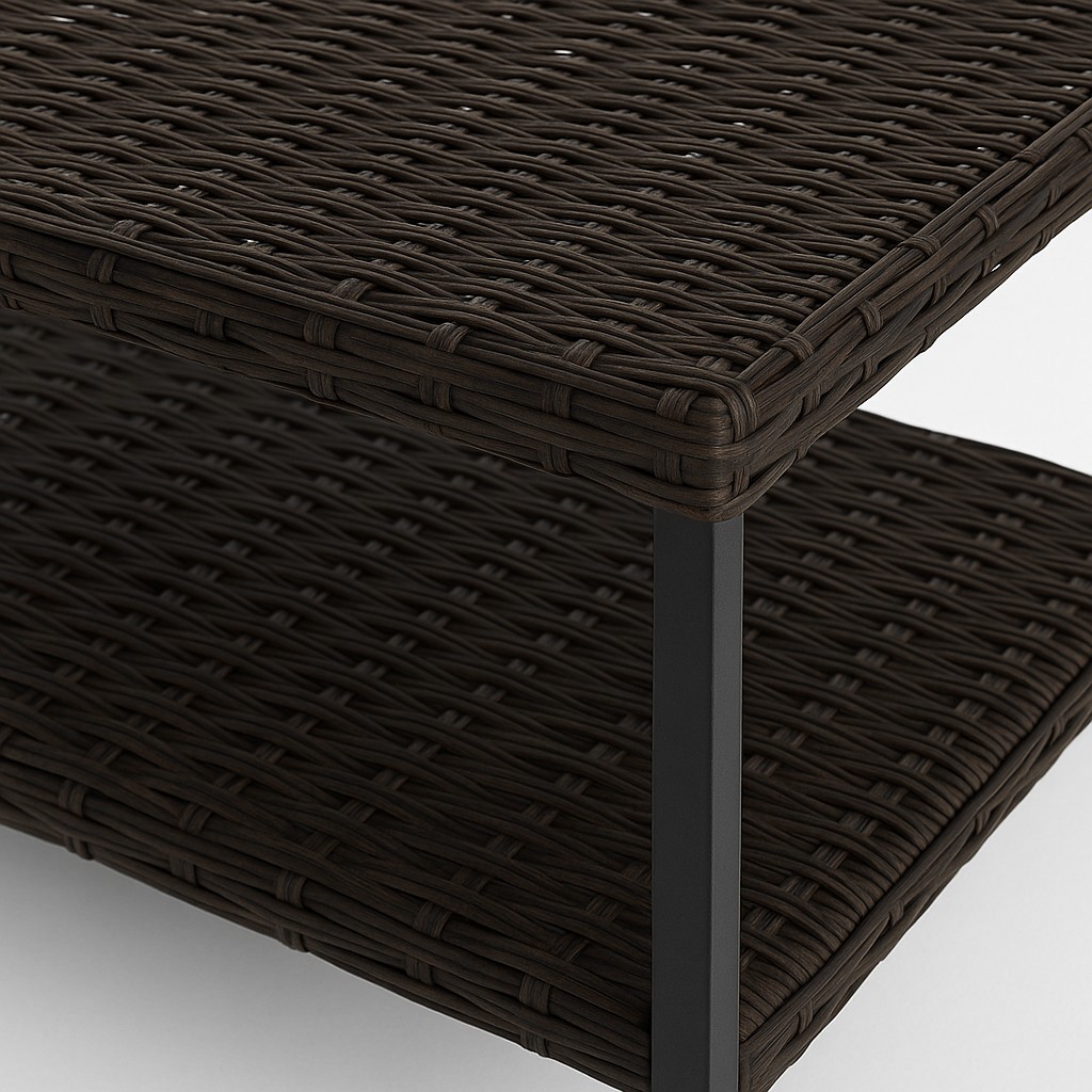 Modern Rectangular Rattan Coffee Table with Double Shelf, Outdoor Indoor Storage Table