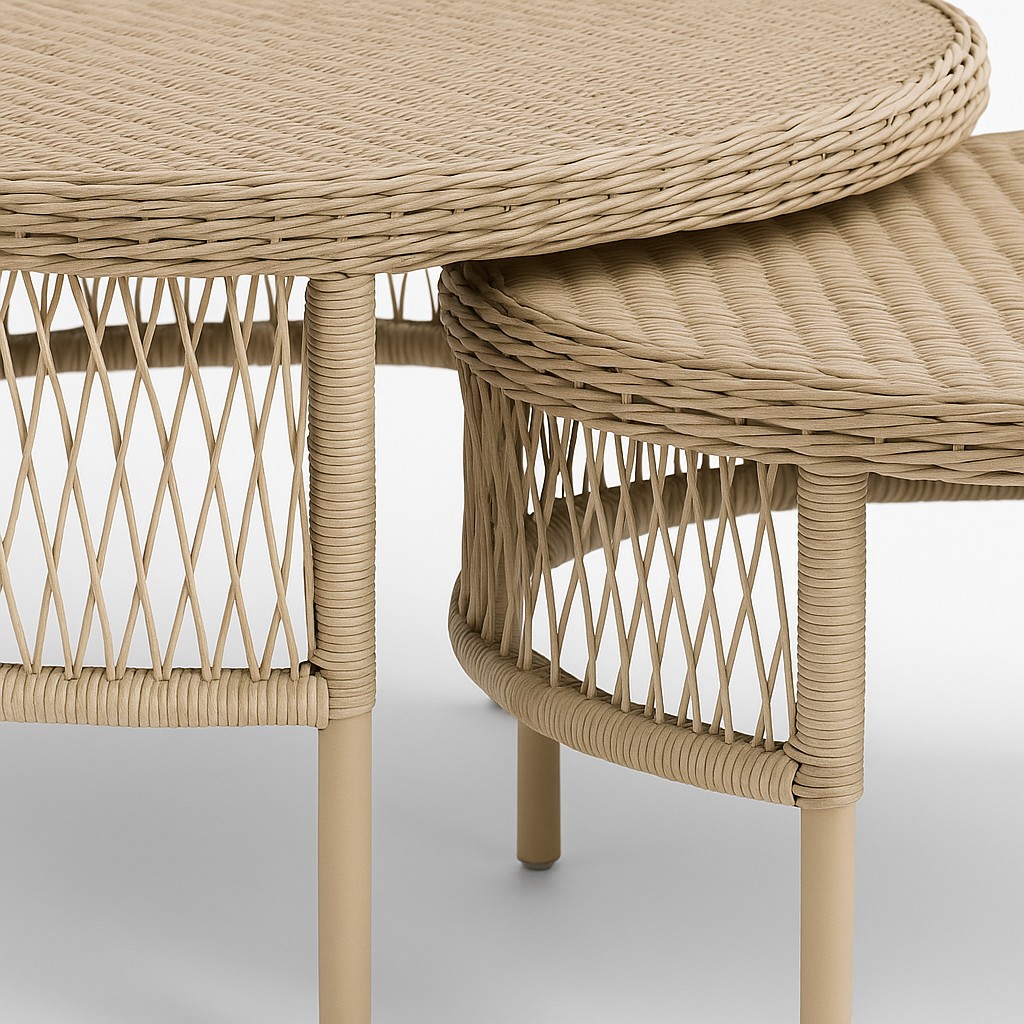 Modern Nesting Rattan Coffee Table Set of 2, Indoor Outdoor Round Tables