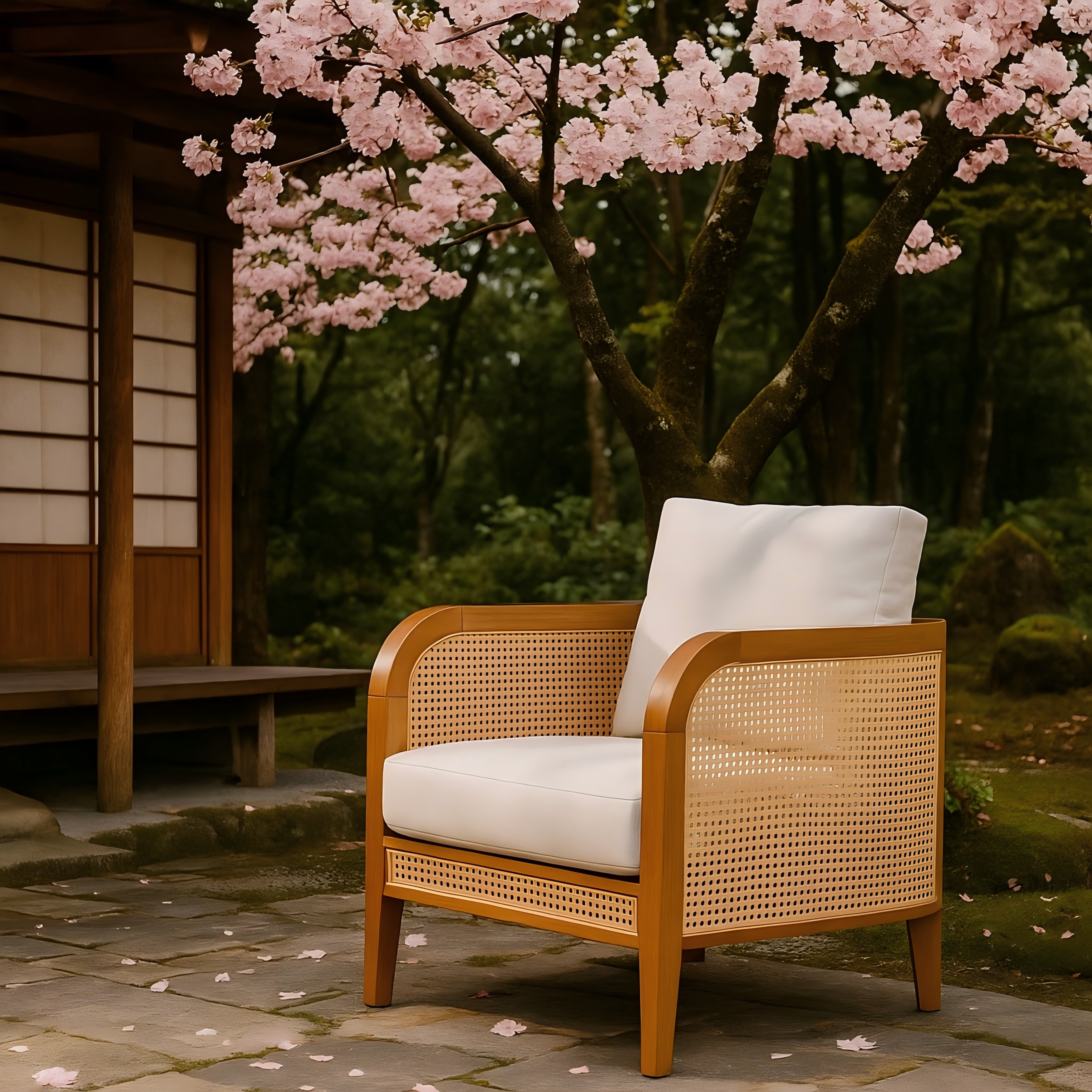 Mid-Century Rattan Lounge Chair with Solid Wood Frame and White Cushions – Indoor Accent Armchair