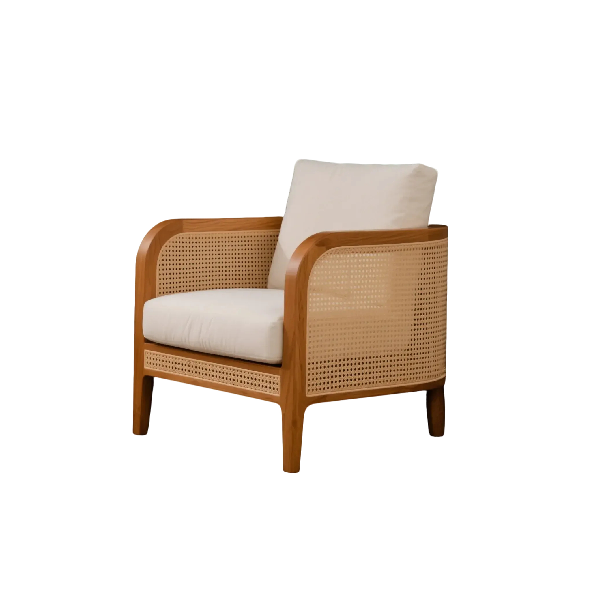 Mid-Century Rattan Lounge Chair with Solid Wood Frame and White Cushions – Indoor Accent Armchair