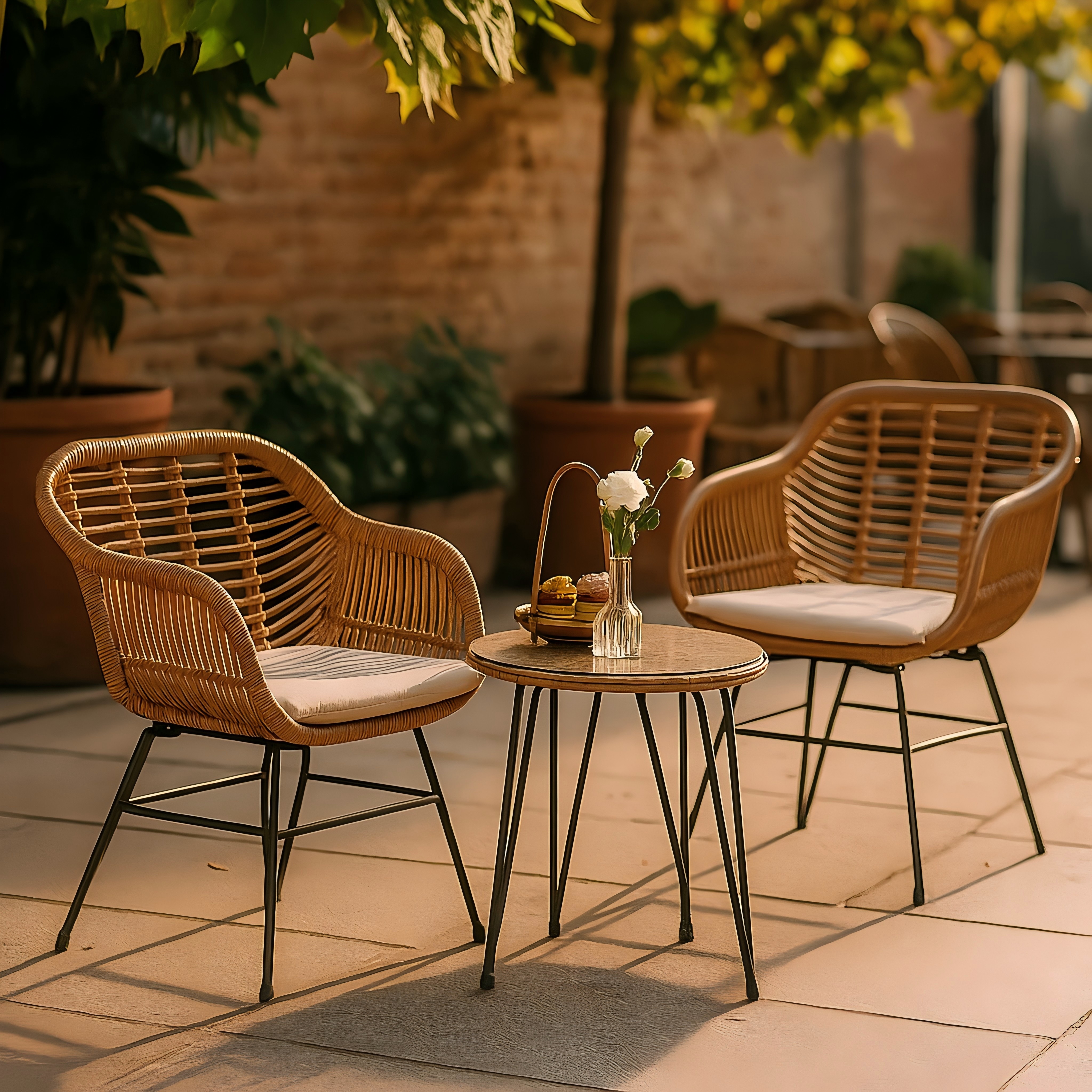 3-Piece Modern Boho Wicker Bistro Set – Rattan Chairs and Round Side Table with Cushions