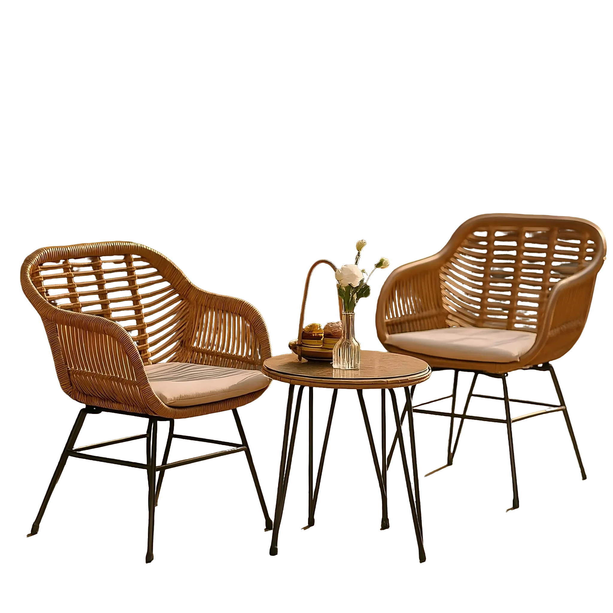 3-Piece Modern Boho Wicker Bistro Set – Rattan Chairs and Round Side Table with Cushions