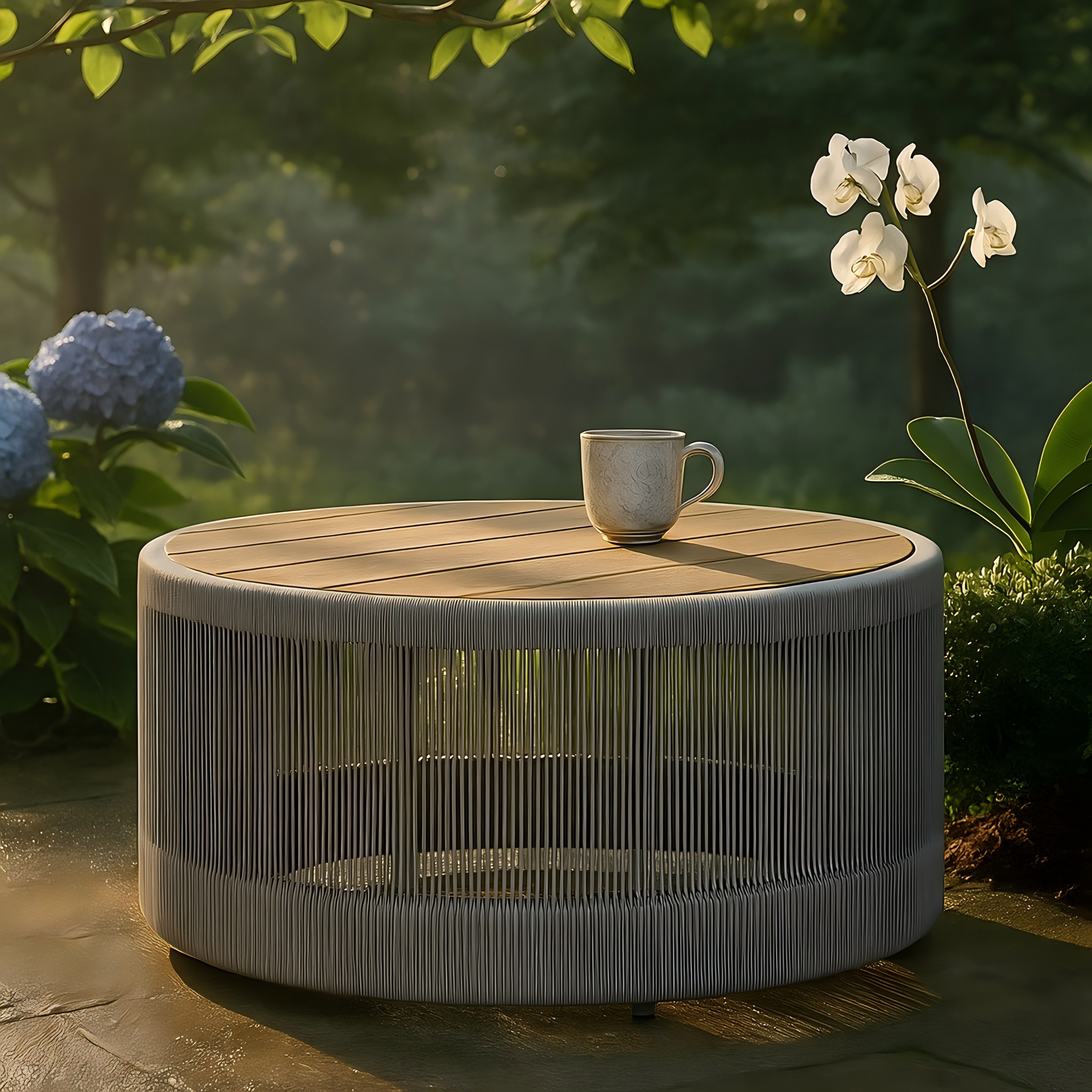 Modern Outdoor Rope Woven Round Coffee Table With Teak Wood Top