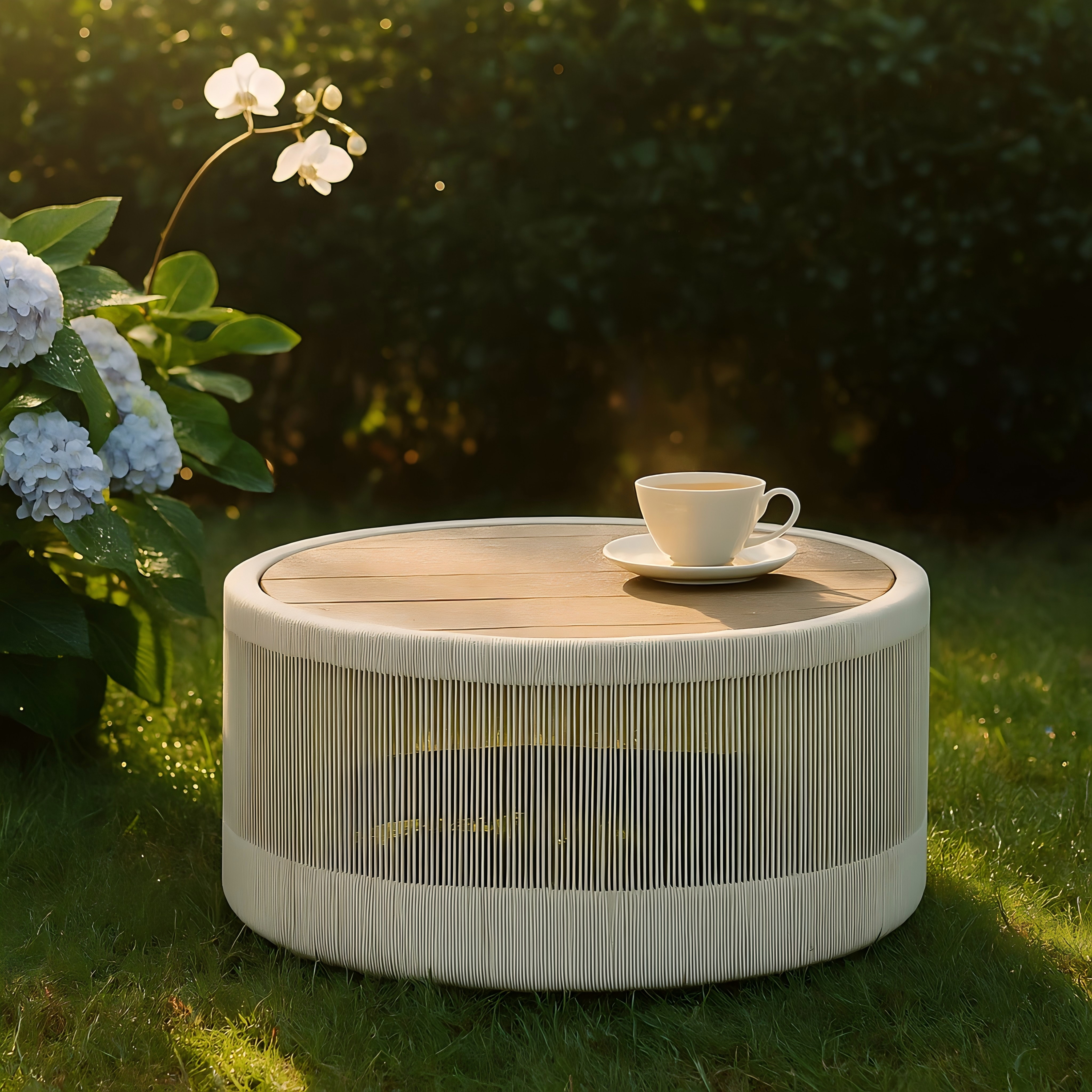 Modern Outdoor Rope Woven Round Coffee Table With Teak Wood Top