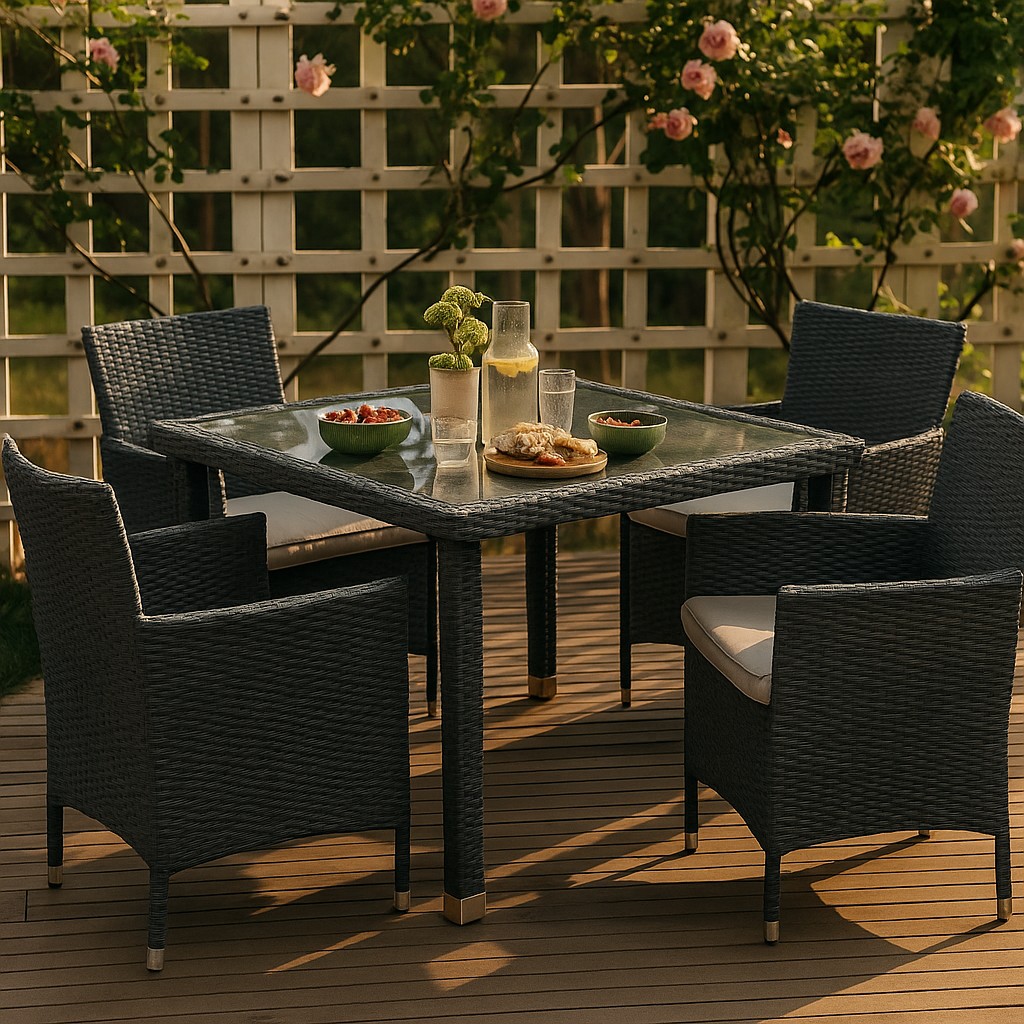 4-Piece Outdoor PE Rattan Wicker Dining Set with Tempered Glass Table and Cushions