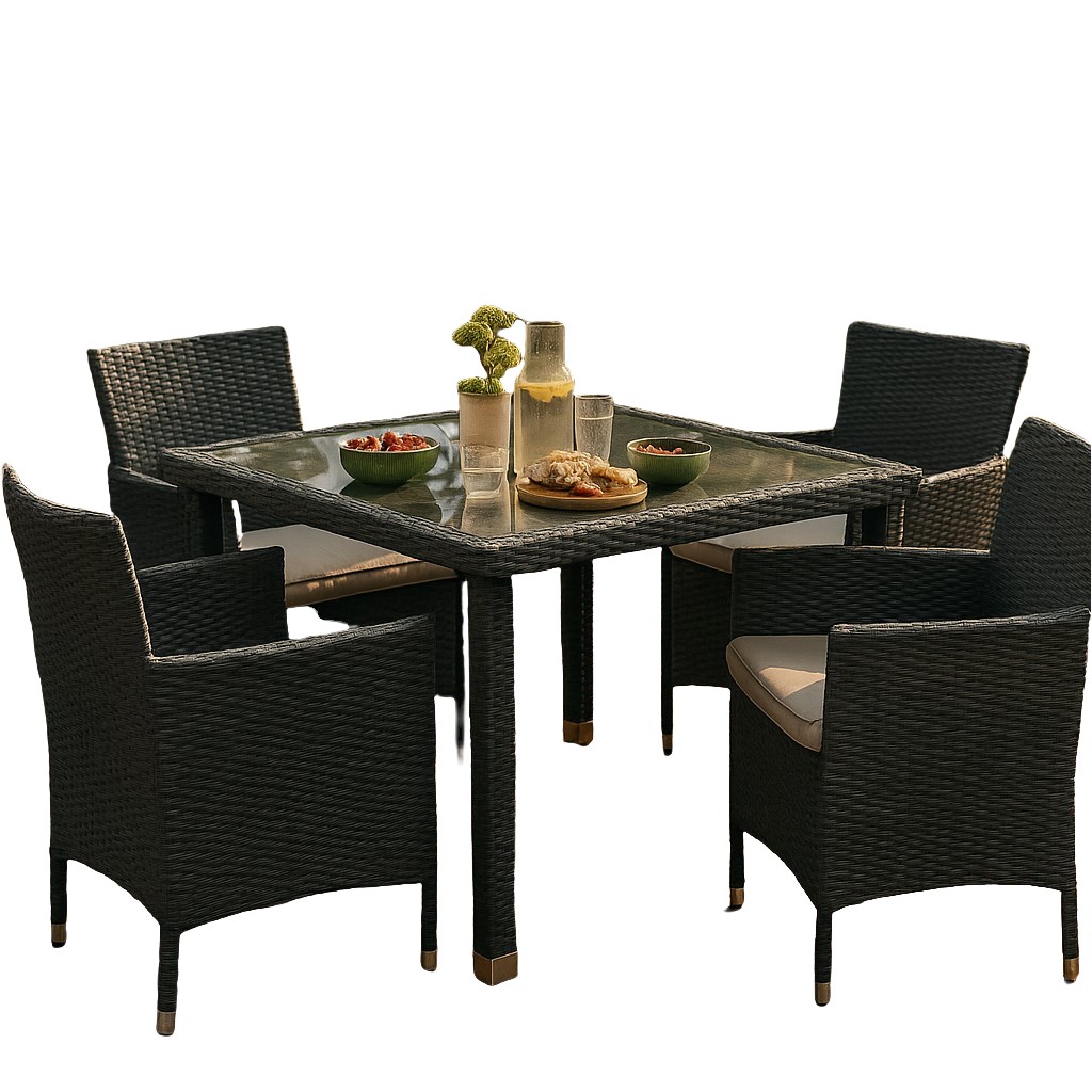 4-Piece Outdoor PE Rattan Wicker Dining Set with Tempered Glass Table and Cushions